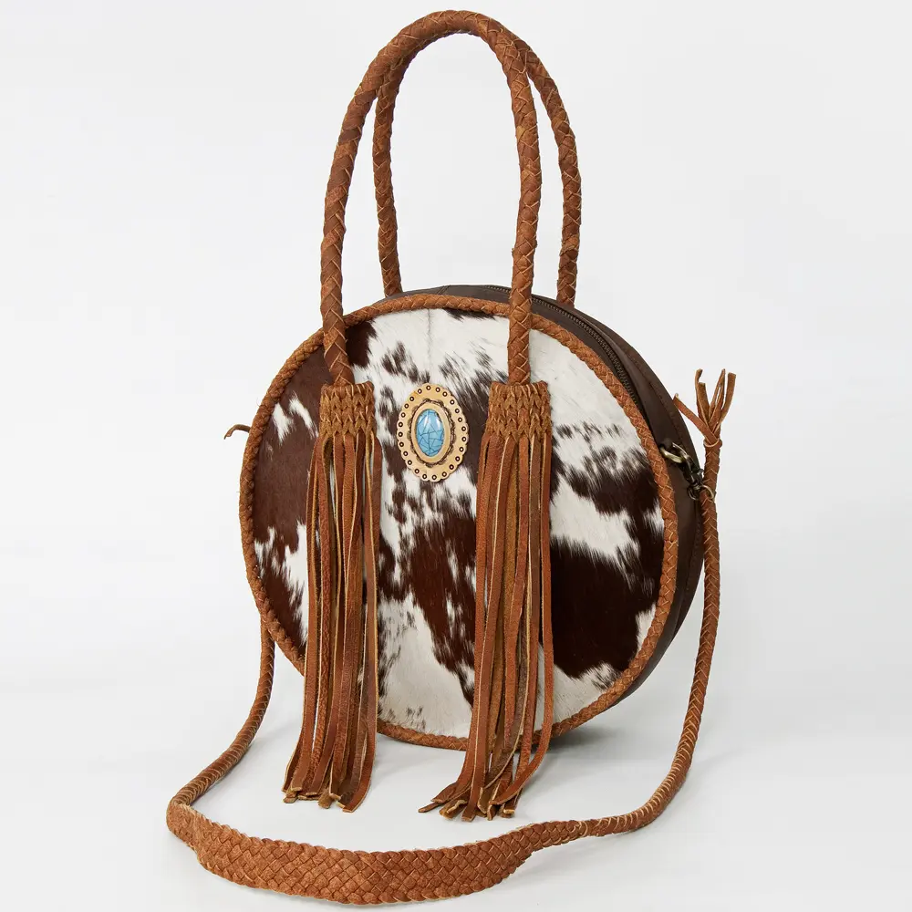 American Darling Canteen Bag, Genuine Vegetable-Tanned Leather, Hair-On Cowhide with Fringes & Turquoise, Western Purse