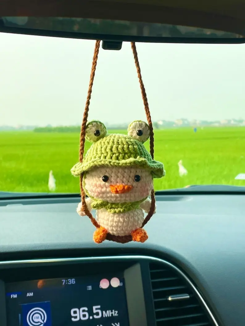 Cute Crochet Duck Car Charm, Handmade Amigurumi Duck with Frog Hat, Strawberry Carrot Outfit, Kawaii Rearview Mirror Accessory Gift