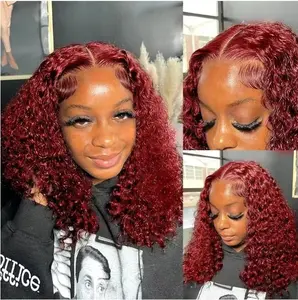 13x4 HD Lace Frontal 99J Burgundy Bob Wig Human Hair Deep Curly Glueless Wear And Go Pre Plucked Hair Wig 14 Inch