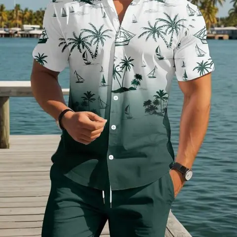 Summer clearance sale on breathable shirt and shorts set. Lightweight, breathable, and cool fabric. Simple gradient shirt + drawstring shorts. Men's vacation set. Casual lounge set. Multiple sizes available to fit all body types.