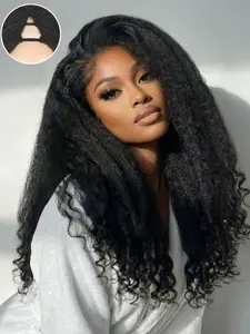 Kinky Straight End Curly V Part Wig, Yaki Straight Natural, Lightweight, No Sew In, No Glue, V Shape Clip In, Half Synthetic Wig for Women