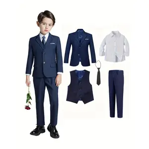 (New)Boy'S Suit Five-Piece Blazer Coat Jacket Vest White Long Sleeve Shirt Pants Tie Random Wedding Birthday Party Family Gathering Performance Graduation Ceremony Important Occasions Teen Suit Dress School Uniforms Age 3-14