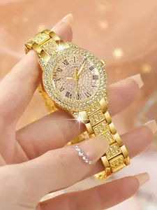 Women's Full Diamond Watch, Roman Numerals Dial, Alloy Steel Band, Luxury Crystal Embedded, Elegant Golden Wristwatch, Fashionable Wristwatch