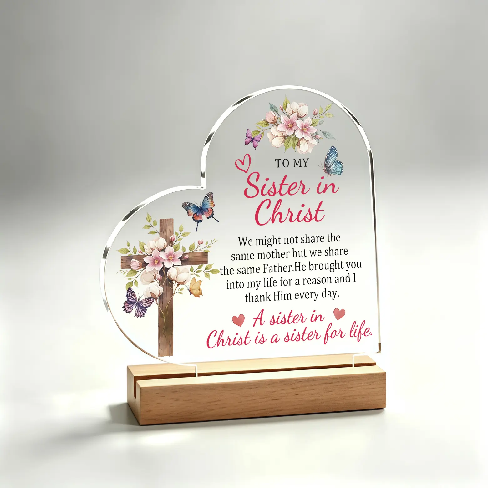 Heart Shaped Acrylic Desk Plaque with Wooden Stand, To My Sister in Christ Cross Floral Butterfly Christian Quote Table Sign, Religious Faith Gift for Church Sister Believer for Christmas Thanksgiving Easter Birthday