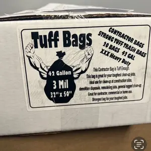 Tuff Bags 42 Gal 3mil Contractor Garbage Bags, Heavy-Duty Trash Bags, 32”x50”, 20 Count