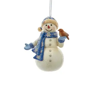 Blue And Platinum Snowman with Bird Ornament