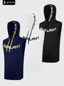 Men's 3 piece set Letter Print Hooded Cycling Tank Slim Fit Comfy Breathable Sleeveless Sports TopActivewear & Sportswear for Gym Workout RunningExercise,Lightweight Activewear, Sports Fitness Vest,Gymwear, Sports Apparel