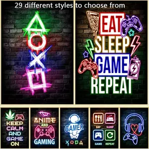 1pc 2D Flat No Frame Gaming Neon Eat Sleep Game Repeat Wall Arts Posters Canvas Painting Modern Home Decor Artistic for Room Office School Decoration Stuff Home Decor
