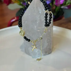 Rosary Bracelet with Black Beads and Gold Cross Charm for Spiritual Jewelry