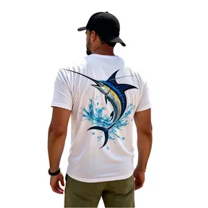 Men'S Big Blue Marlin Fishing Graphic T-Shirt - White Crew Neck Tee with Dynamic Saltwater Fish Print, Breathable Loose Fit Short Sleeve Shirt for Anglers, Beach & Ocean Lovers - Ideal Gift for Fishermen, Summer Casual Wear, Sporty Outdoor Apparel