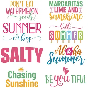 8-Piece Creative Summer Theme Text Stickers, DTF Heat Transfer Film for Clothes & DIY Projects, Essential Fashion Accessories