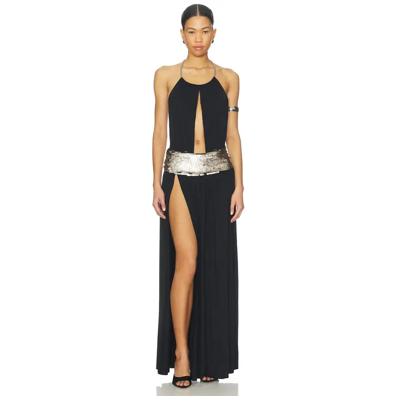 slim fit dress slacks Jaded London Beaded Mesh Knit Maxi Dress in Green main image 0