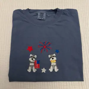 USA 2 schnauzers embroidered Fourth of July comfort colors T-shirt
