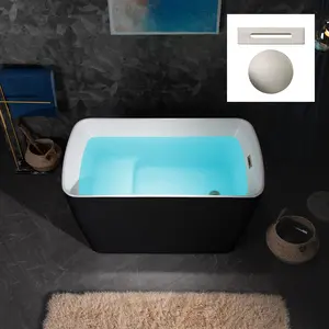 WOODBRIDGE 48" Acrylic Freestanding Square Contemporary Soaking Tub with Pre-molded Seat and Brushed Nickel Pop-UP Drain and Overflow Option, Black, B1870