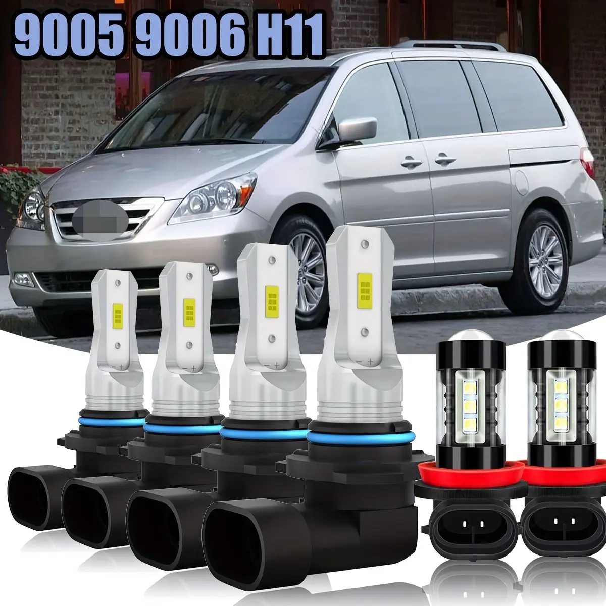 For Honda Odyssey 2005-2010 9005/HB3 9006/HB4 H11 6x LED Bulbs Kit Combo High Power Lamps 500% Brightness Super Bright White Bulbs High Low Beam Fog Lights 4000LM 6000K 40W, Plug And Play, Without Battery
