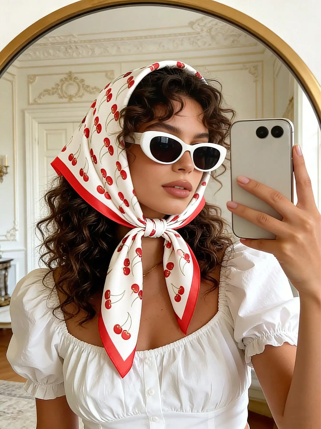 Cherry Print 70cm Bandana, Fashion Headscarf, Multi-Functional Women's Accessory, Headscarf Waist Belt Bag Decoration Hair Band, Spring Summer Daily Wear, Fashion Hair Scarves