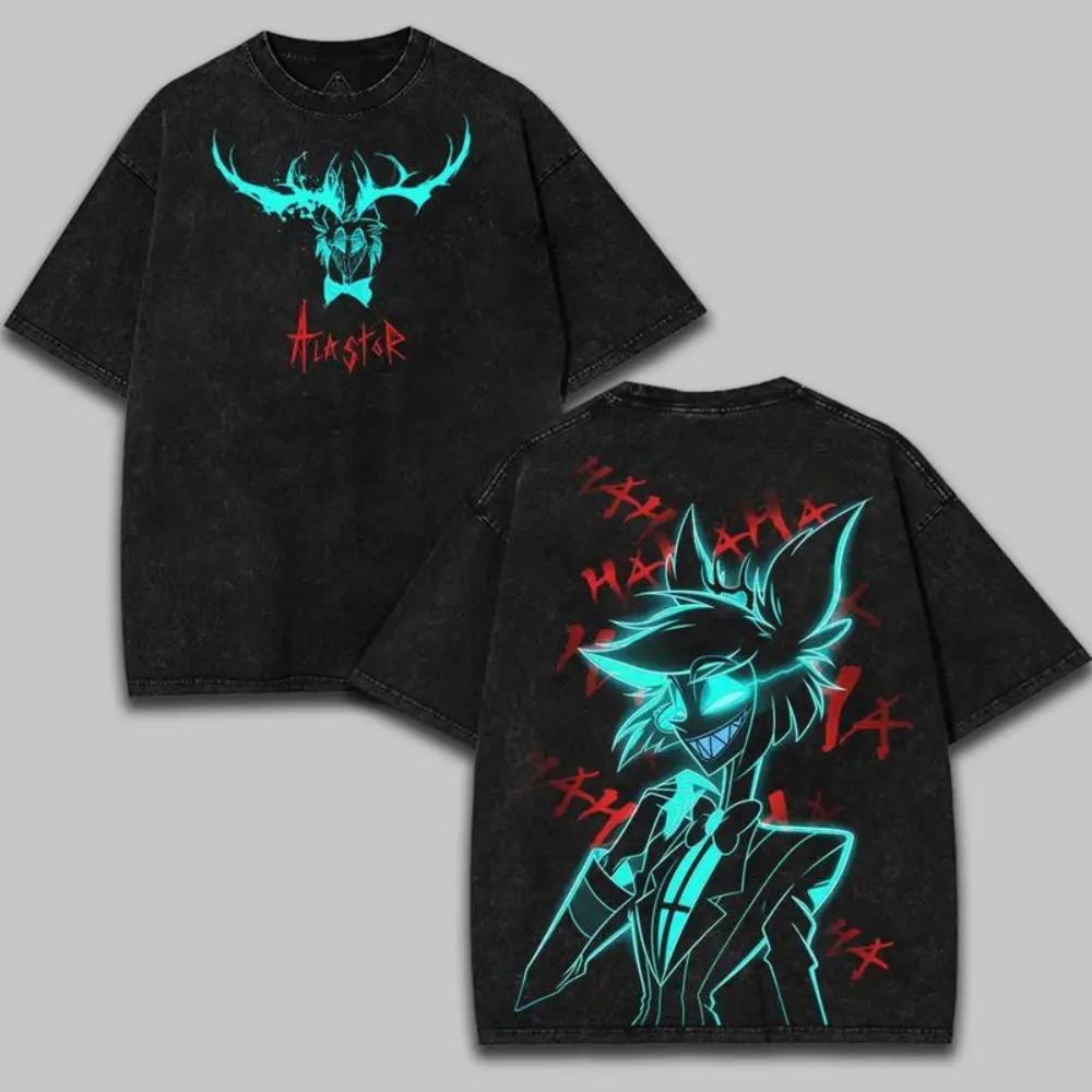 Menswear Black Short-Sleeve T-Shirt - Hazbin Hotel Niffty x Alastor Cosplay Outfit, Vintage Washed Unisex Top, Christmas Gift for Cartoon Lovers, Bold Demonic Deer Skull & Grinning Radio Demon Design