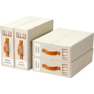 4 Pack Bed Sheet Organizer, Foldable Linen Closet Organizers and Storage (Queen & King Size) with Window & Label, Bedding Storage Box for Bedsheets, Duvet Covers and Pillow, Beige