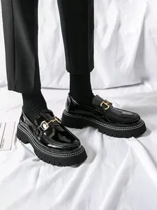 Men's Patent Leather Loafers, Thick Sole British Style Slip-On Platform Shoes, Wear-Resistant Anti-Slip Casual Sneakers, Flatform