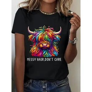 Women's Black 100% Cotton T-Shirt with Cartoon Highland Cow Print - Short Sleeve Crew Neck Casual Top for Holiday Gifts & Outdoor Wear