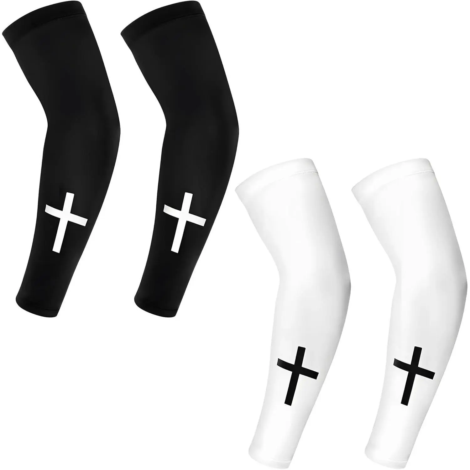 Faith Cross Design Criss Cross Compression Arm Sleeves (2 Pairs, Black & White) - Adjustable Breathable Polyester Outdoor Sports Protective Gear with Sun Protection for Football, Running, Cycling