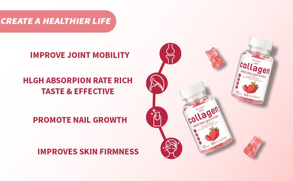 RE LIERRE Multi Collagen Gummies | 5 Types Peptides with Biotin & Hyaluronic Acid | Anti-Aging & Radiant Skin Supplement | Strawberry 60 Ct