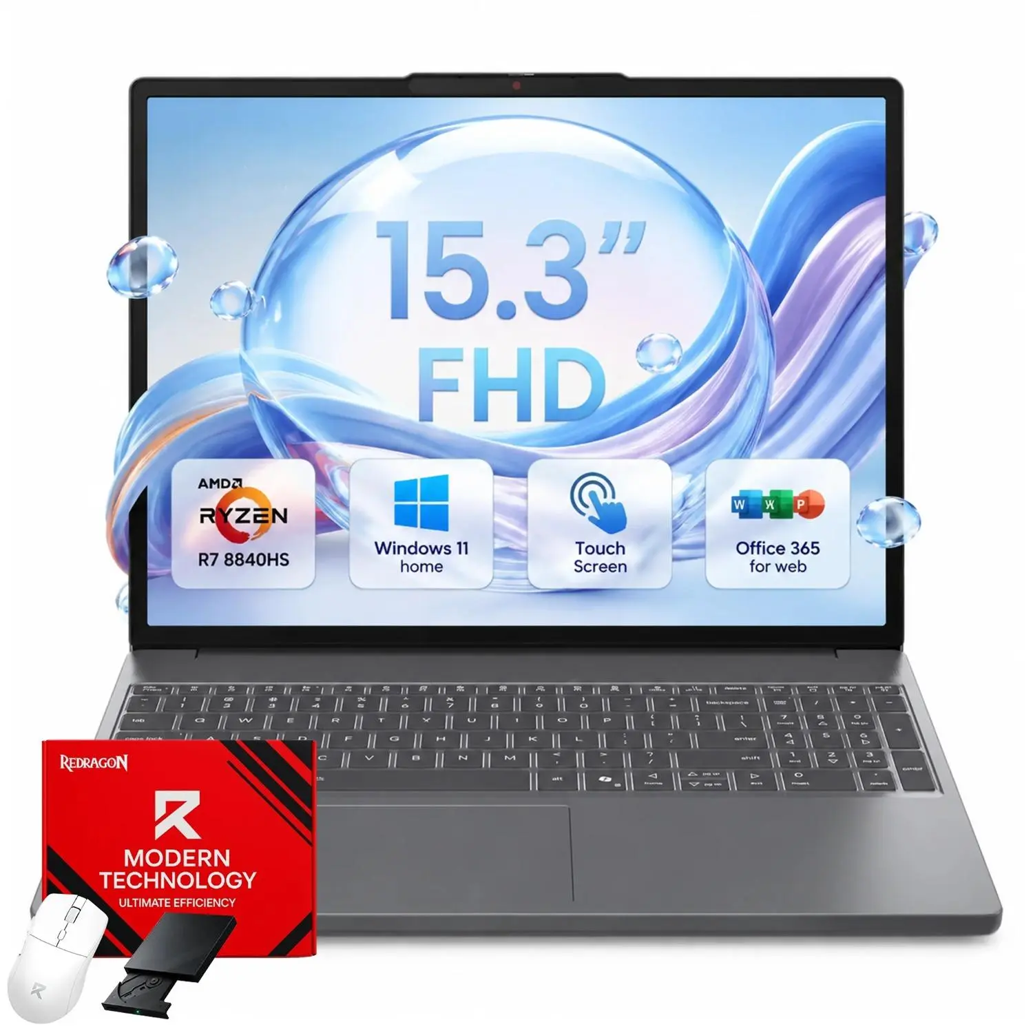 Lenovo IdeaPad Slim 3 15.3" Touchscreen Laptop, Ryzen 7 8840HS AI Processor, 16GB Memory, 512GB PCIe SSD, Windows 11 Home, Radeon 780M Graphics, Full HD IR Camera, Office 365 for the Web