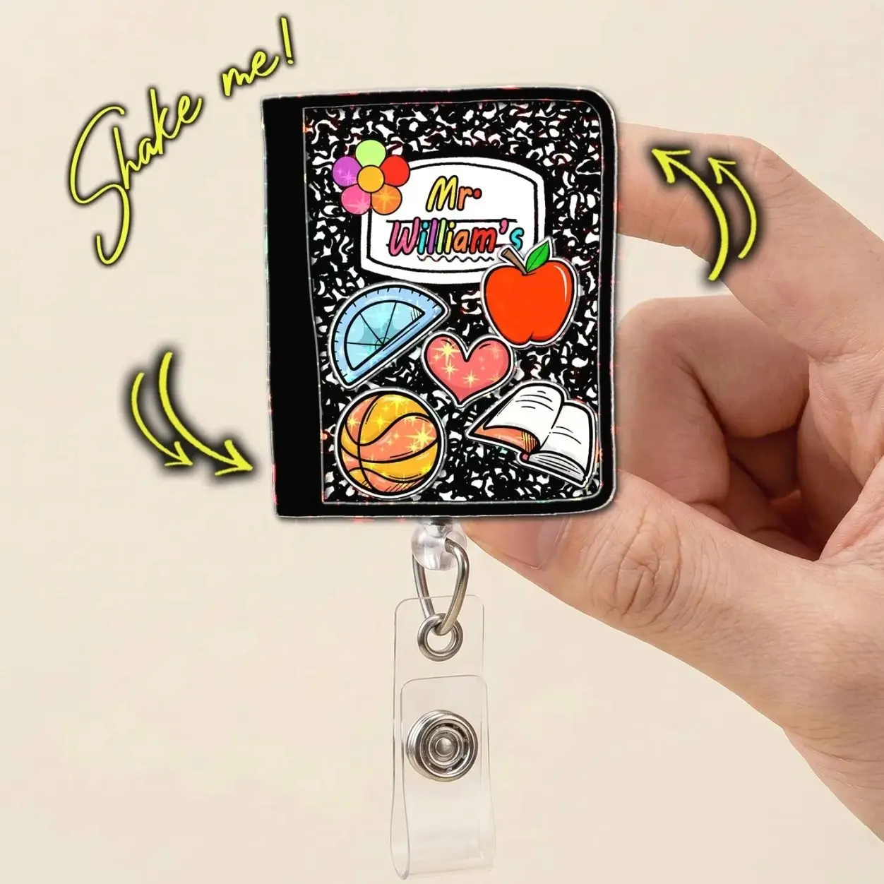 Custom Name Shaker Badge Reel – Personalized Teacher Retractable ID Holder, Back to School Educator Gift  BJ4