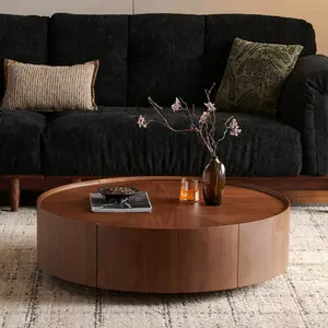 35.4-Inch Walnut Round Coffee Table, Fully pre-assembled,Glossy MDF+Metal Pedestal Table with Drawers, Retro Mountain Lodge Style for Living Room, Bedroom, Office