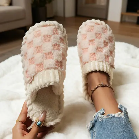 Cotton Slippers for Women Men, Plaid Pattern Cute Fluffy Soft Home Slippers for Couples, Warm Slippers for Indoor Outdoor Walking Shoes House Slippers Gift Idea