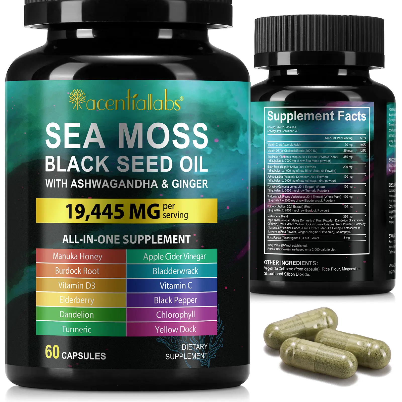 Sea Moss Capsules 60 Count with Black Seed Oil Ashwagandha Turmeric Burdock Root Bladderwrack Vitamin C and D3 Irish Sea Moss Supplement for Immune Support Energy and Overall Wellness