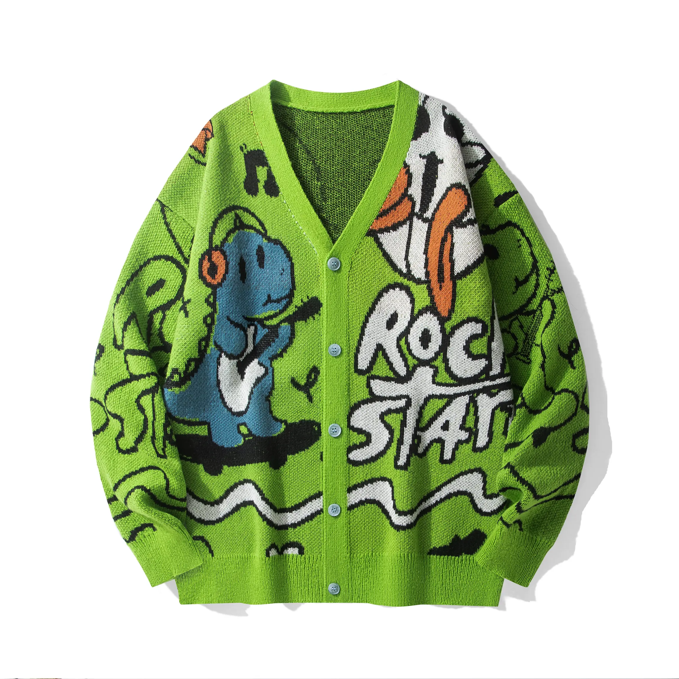 Women's Long Sleeve V-Neck Button-Up Baggy Knit Cardigan - Premium Soft Jacquard Fabric, Vibrant Cartoon Rock Star Graphic, Top for Everyday & Formal Wear, Jacquard Knit, Pullover, Knitwear, Longsleeves, Casual, Menswear, Halloween, Thanksgiving, Easter,,