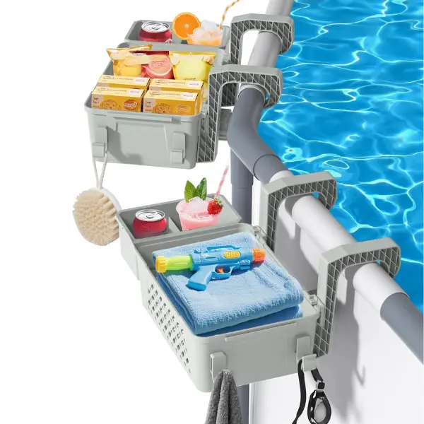 Grey Plastic Wall-Mounted Poolside Organiser (2 Sets) - 3-in-1 Above Ground Pool Accessory with Cup Holders, Fits 3-in or Less Top Rails, Summer-Spring Gift