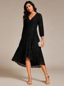 Ever-Pretty Elegant Black Lace A-Line Midi Wedding Guest Dress with Long Sleeves & Stretchy V-Neck – Perfect Bridesmaid Dress for Summer Formal Wear 02238