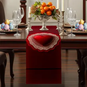 Love Theme Table Runner, Heart Lace Trim, 2D Print, Polyester Fiber, Festive Decor, Suitable for Living Room, Dining Room
