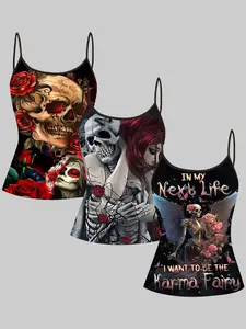 3 Piece Skull Rose Letter Print Strapless Tank Tops for Women, Summer Gothic Style Slim Fit Fitted Sleeveless Top, Casual All-Over Print Clothing