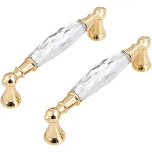 2 Pack Crystal Drawer Pulls Handles Clear Crystal Cabinet Pulls Gold Drawer Knob Pull Glass Dresser for Bathroom Cupboard Knob (2, 3-3/4" Hole to Hole)