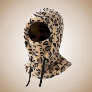 2026 Trending Leopard Print Fleece Balaclava with Drawstring Closure Soft Plush Texture Windproof Protection for Winter Outdoor Activities Skiing Trips and Casual Street Style