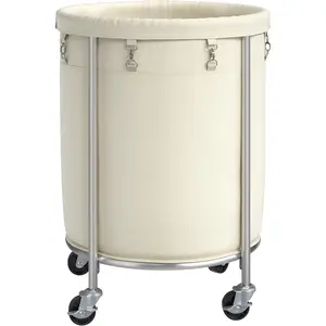 Laundry Basket with Wheels, 170L Rolling Laundry Hamper with Removable Bag and Frame, Round Laundry Cart with 4 Casters and 2 Brakes, for Bedroom,, Laundry Room, Cream