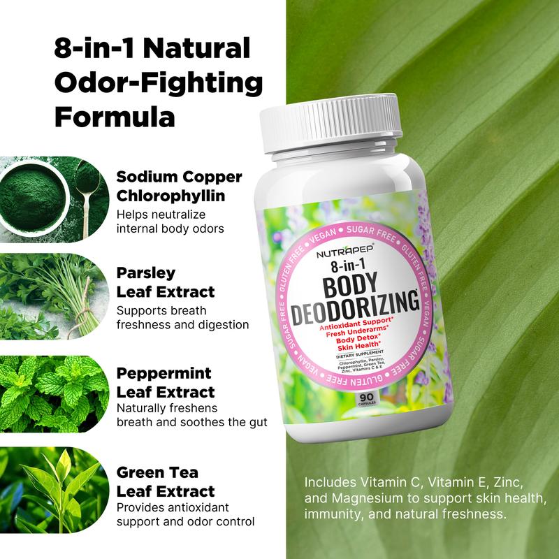 NutraPep Body Deodorizing Supplement - Odor Eliminator & Internal Deodorant Pills for Fresh Breath Skin Health & Detox - Full Body Deodorizer Capsules with Chlorophyll Complex Vitamins for Women Men