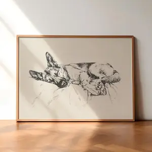 Unframed, Room Decor, German Shepherd Sleeping Print, Antique Vintage Printing, Dog Wall Art 5 size, 8x12 to 27x40 inch