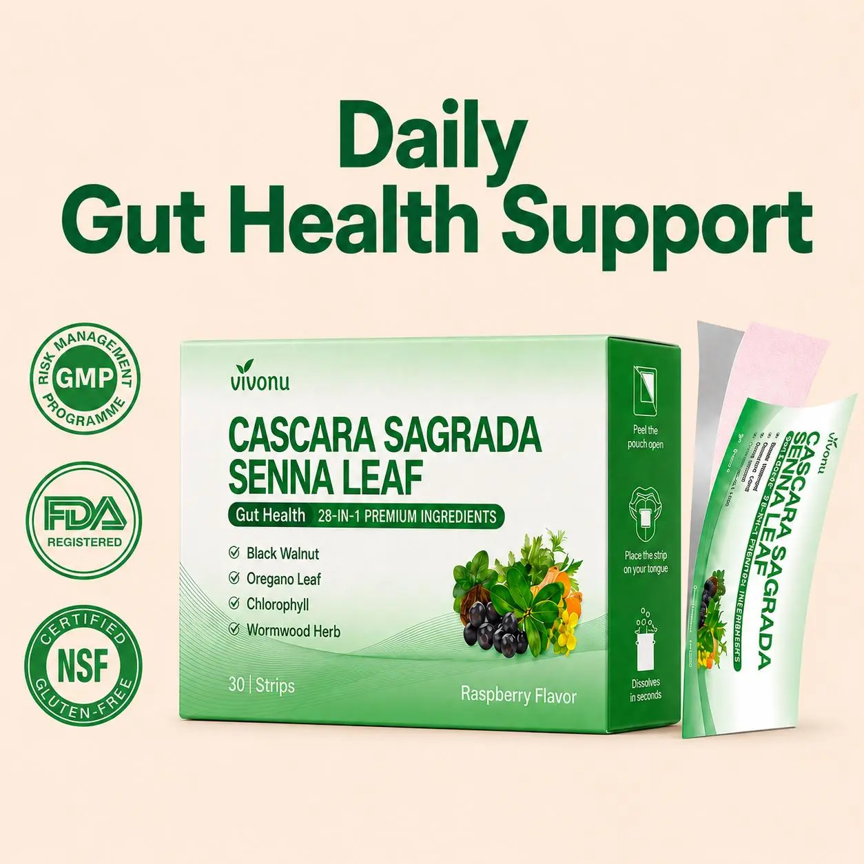 VivoNu SENNA LEAF Dissolve Strips Plant-Based Herbal Detox Support for Bloating & Regularity with Senna, Oregano Leaf, Black Walnut & Chlorophyll Pure Gut Detox SummerVibes