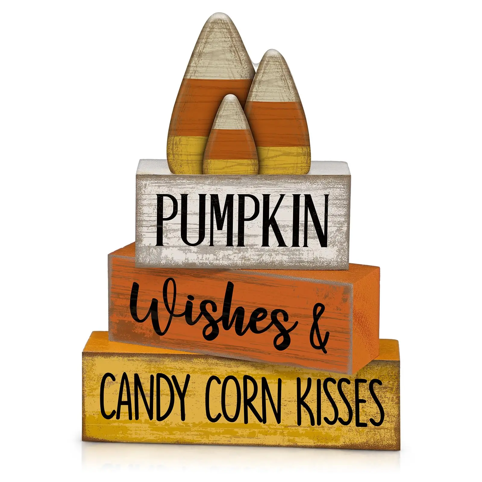 4 Pcs Rustic Wooden Candy Corn Stacked Blocks Set, "Pumpkin Wishes & Candy Corn Kisses" Table Sign, Fall Home Decor for Thanksgiving Tiered Tray, Kitchen Centerpiece, Fall Decor