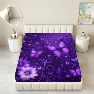 1Pc Butterfly Floral Starry Fitted sheet Mattress Protector Celebration theme, Purple Bedding Mattress protector Breathable, Soft Comfortable Bedding Mattress Cover, for Bedroom Guest Room.