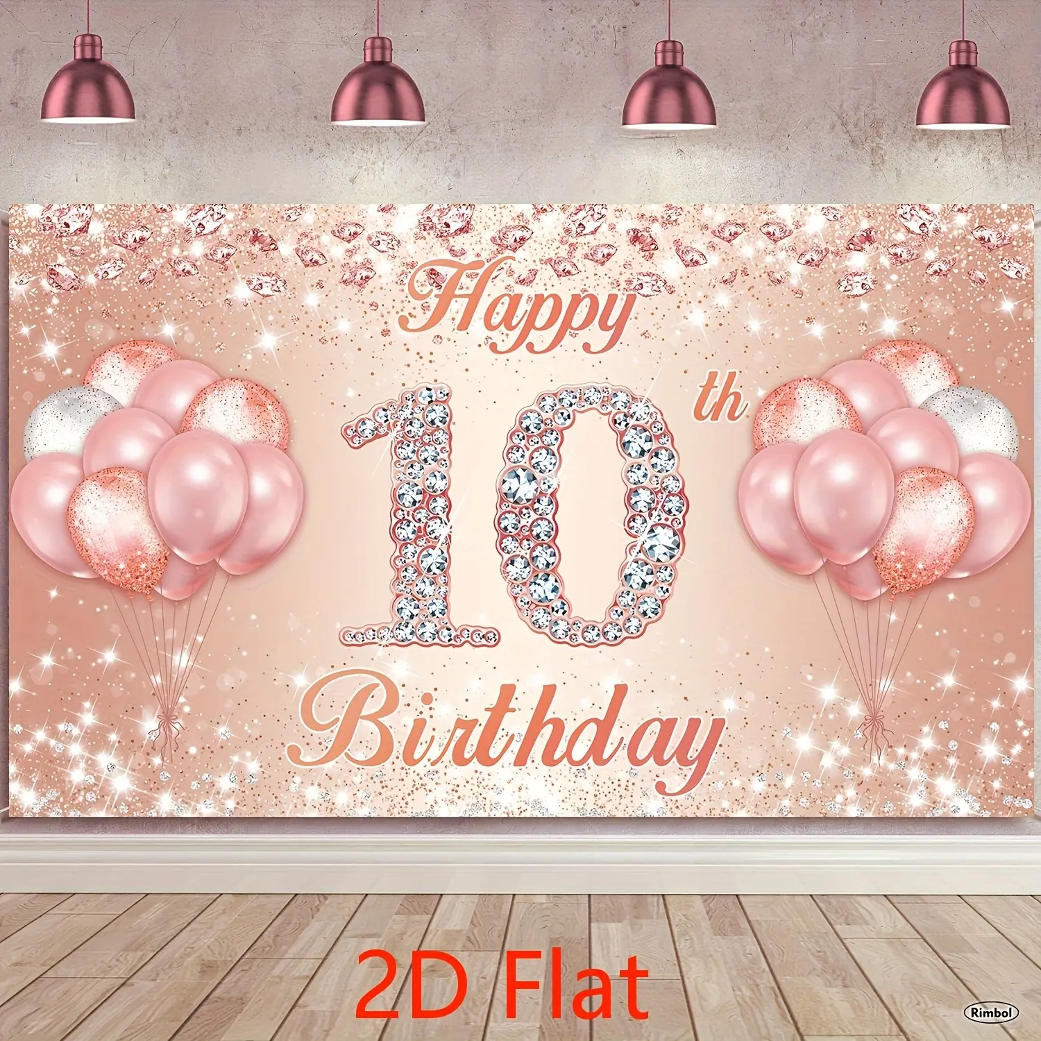 2D Flat 10th Birthday Banner Background Decoration, Rose Golden 10th Birthday Party Sign Supplies, Pink 10th Birthday Poster Background Photo Booth Props Decoration, 2D Flat