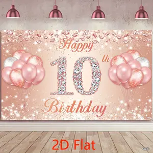 10th Birthday Party Banner Backdrop Tapestry, Rose Gold Happy 10th Birthday Party Sign, Pink 10th Birthday Poster Background, Photo Booth Props Decoration