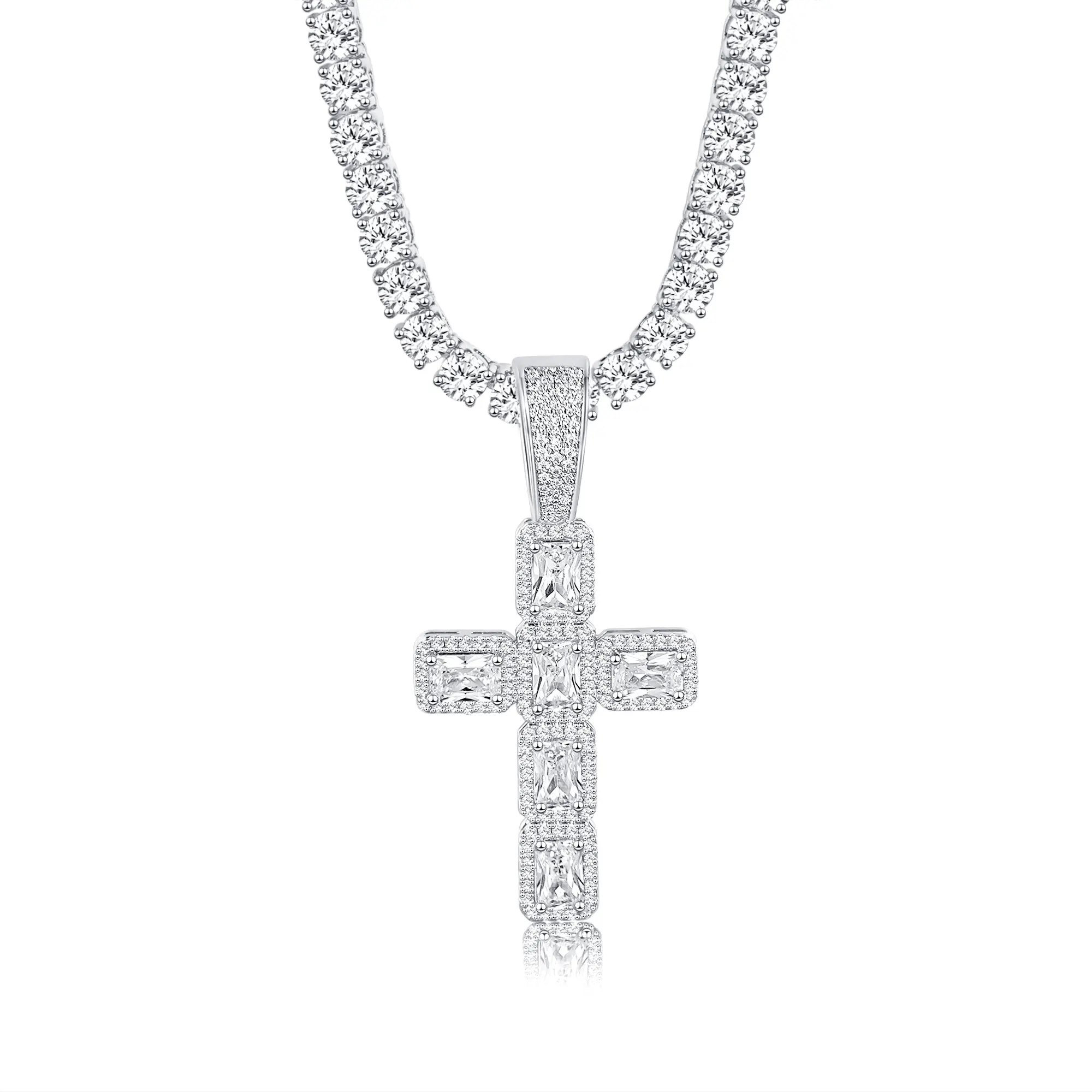 【Cross Pendant+ Full CZ Necklace】4MM CZ Brass Tennis Necklace Round Cubic Classic Hiphop Style Trendy Elegant For Women For Men chain