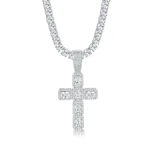 【Cross Pendant+ Full CZ Necklace】4MM CZ Brass Tennis Necklace Round Cubic Classic Hiphop Style Trendy Elegant For Women For Men chain