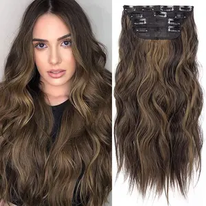 Long Wavy Brown Highlight Hair Extensions 20inch Synthetic Thick Hairpieces Clip in Hair Extensions 4Pcs