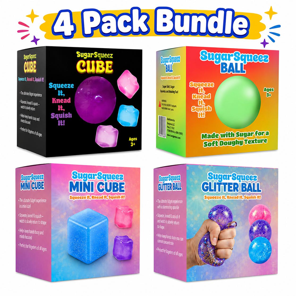 SugarSqueez Sugar Squishy 4-pack- ASMR Squishies Toys, Ultra Soft Maltose-Filled Dough-Like Fidget Sensory Toy Set, Slow-Rising Assorted Collectible Squishies with Glitter, Neon, Cube Styles, Stress Relief for Kids, Birthday Gifts
